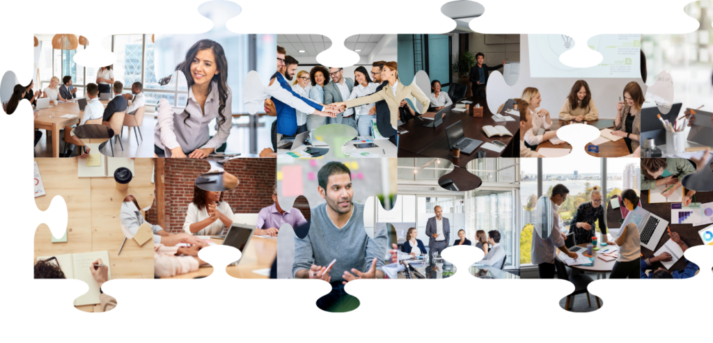 Collage of diverse university marketing teams collaborating in meetings, brainstorming sessions, and strategy discussions, symbolizing workflow optimization and teamwork.