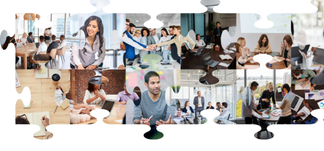 Collage of diverse university marketing teams collaborating in meetings, brainstorming sessions, and strategy discussions, symbolizing workflow optimization and teamwork.