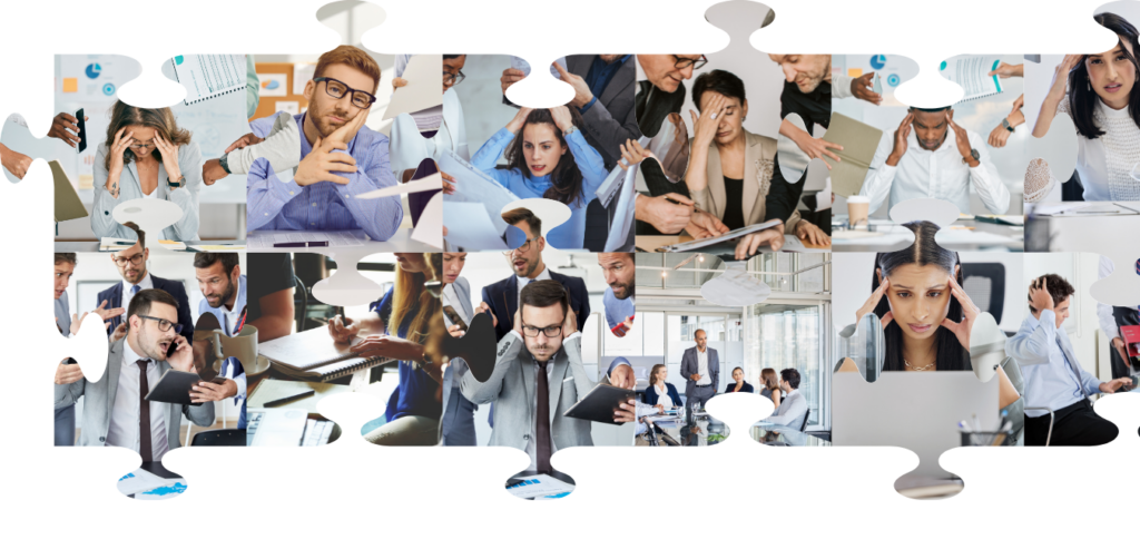Collage of stressed university marketing professionals dealing with disorganized workflows, inefficiencies, and lack of clear processes, representing operational challenges and frustration.