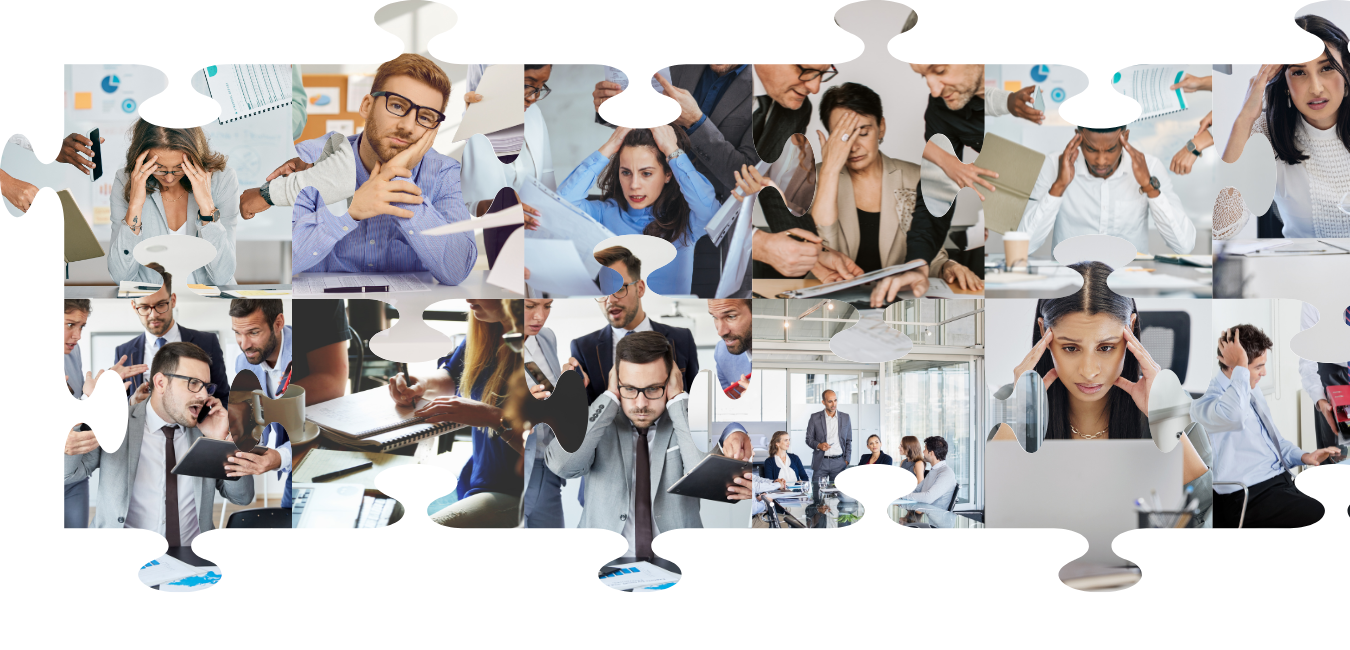 Collage of stressed university marketing professionals dealing with disorganized workflows, inefficiencies, and lack of clear processes, representing operational challenges and frustration.