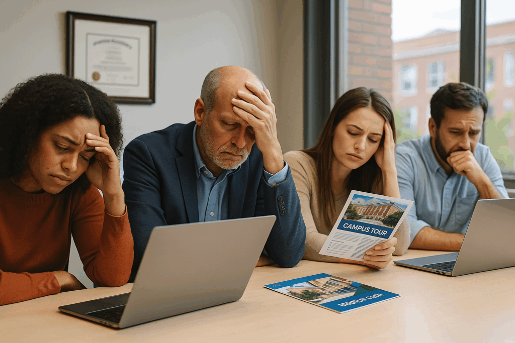 A group of university professionals sit around a conference table looking overwhelmed, surrounded by open laptops, papers, and a campus tour brochure. The image captures the tension and fatigue of higher education teams navigating workflow challenges and operational bottlenecks.