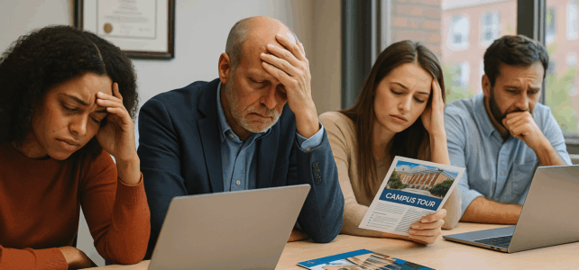 A group of university professionals sit around a conference table looking overwhelmed, surrounded by open laptops, papers, and a campus tour brochure. The image captures the tension and fatigue of higher education teams navigating workflow challenges and operational bottlenecks.