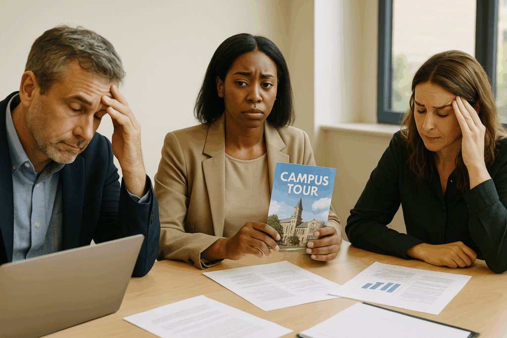 Three university professionals sit around a conference table in a well-lit campus office, engaged in conversation. A campus tour brochure lies on the table.