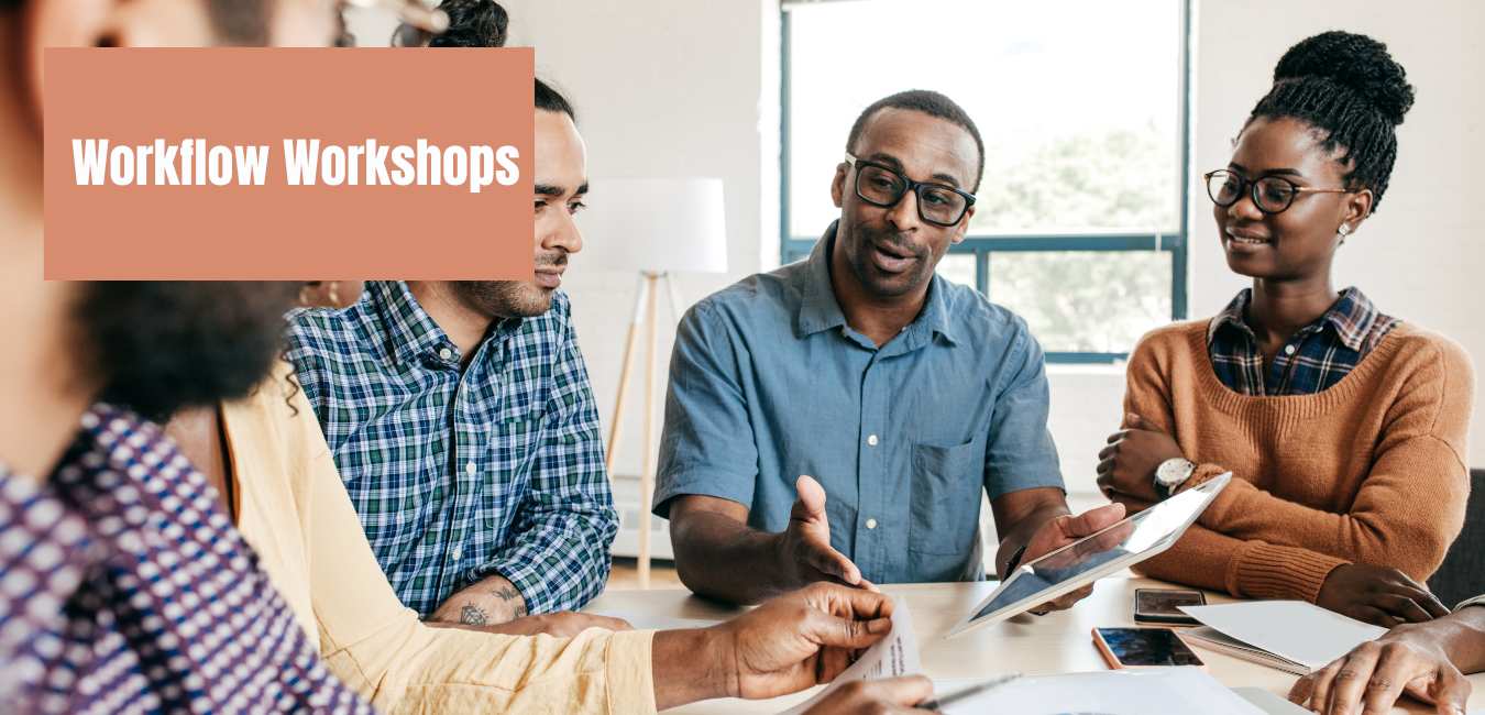 Small business team participating in a workflow optimization workshop, led by a consultant. Banner text reads “Workflow Workshops” — ideal for operations and systems training.